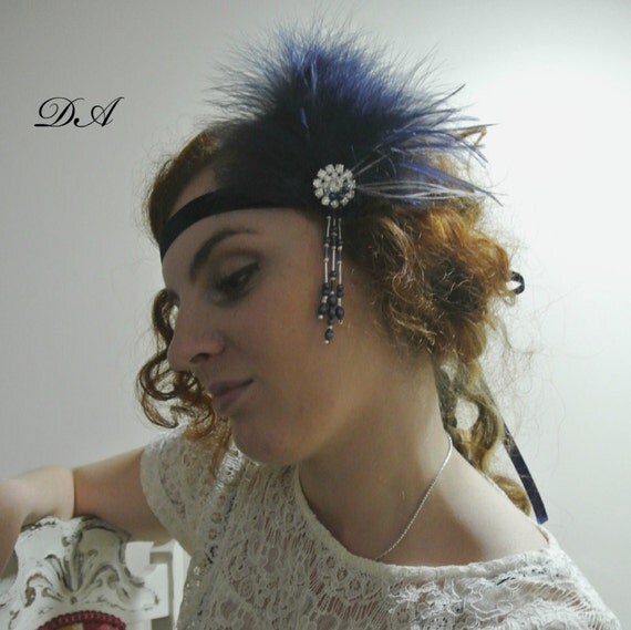 1920s Gatsby Headband Navy Blue Silver by DonataleFlowers4You