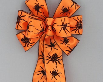Orange Black Flocked Spiders Halloween Bow
