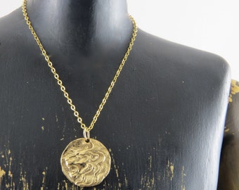 Lion necklace, ancient looking coin with a lion head, gold filled chain, August birthday, leo necklace, leo zodiac necklace, lion amulet