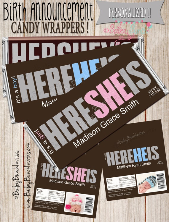 Birth Announcement Candy Bar Wrappers Birth by BaileyBunchInvites