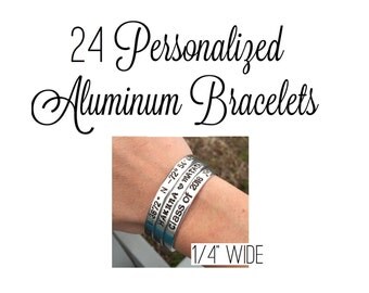 Set Of 24 Customized Hand Stamped Bracelet Aluminum Skinny Cuff Personalized Gift Choose Phrase Bridesmaid Message Wedding Bulk- 1/4" Wide