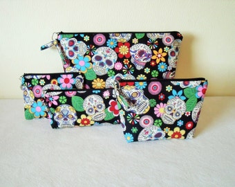 BEST SELLER! Sugar Skulls Pouch Set - Toiletries wash bag, Makeup cosmetic, Coin purse, Pencil Case Black Multi Sugar Skulls Cotton zip pull