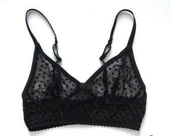 Bralette "Whisky", polka dots, see-through, sheer mesh bra, women underwear, bow detail, comfy cut, black lingerie, adjustables straps