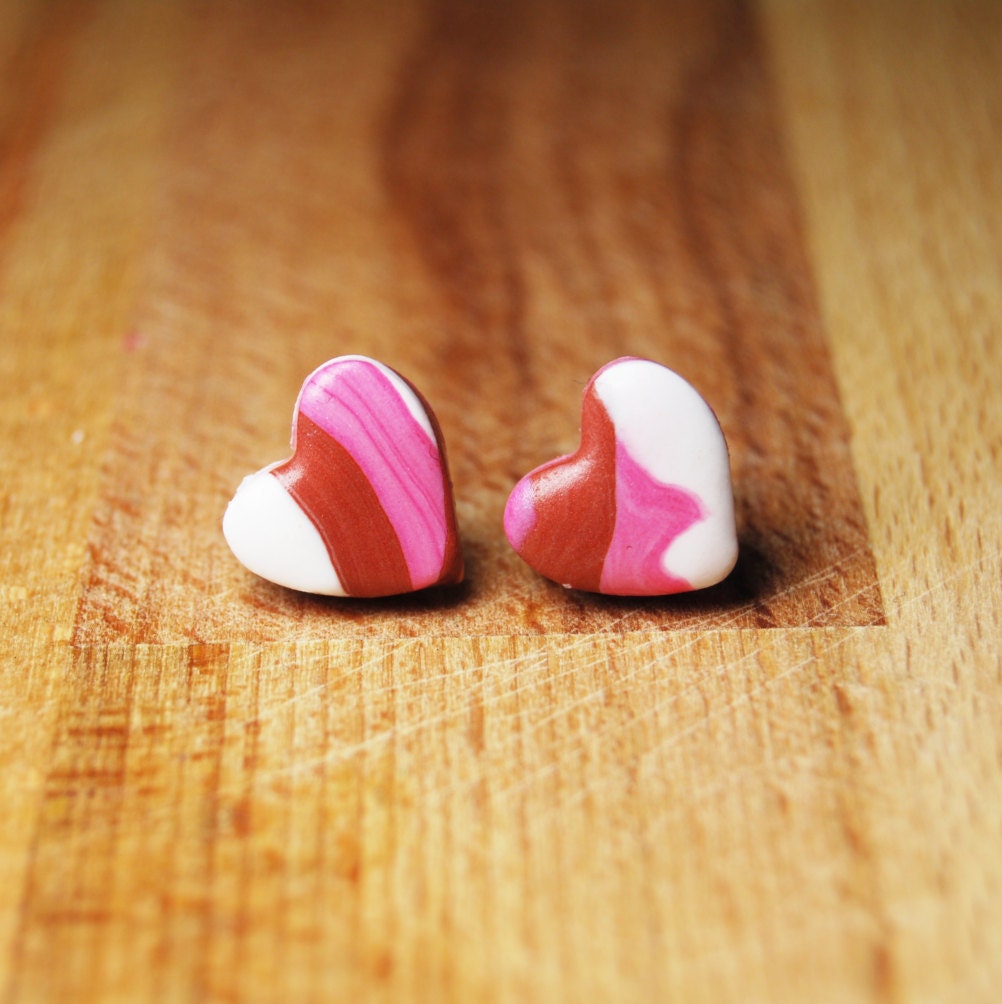 Stud Heart Earrings Polymer Clay Silver Plated by StudioPickles