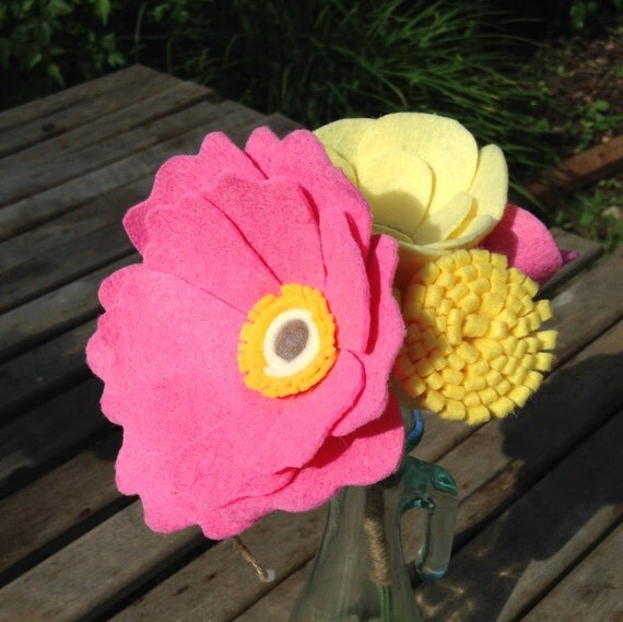 Felt Flower Bouquet Pink and Yellow Felt by SweetFlowersVintage
