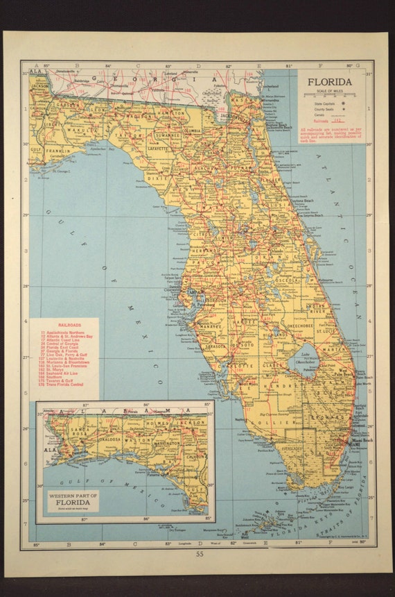 Florida Map Florida Vintage 1950s State by MapsBooksEphemera