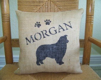 Australian Shepard pillow, personalized dog pillow, pet pillow, dog silhouette pillow, burlap Pillow, stenciled pillow, FREE SHIPPING!