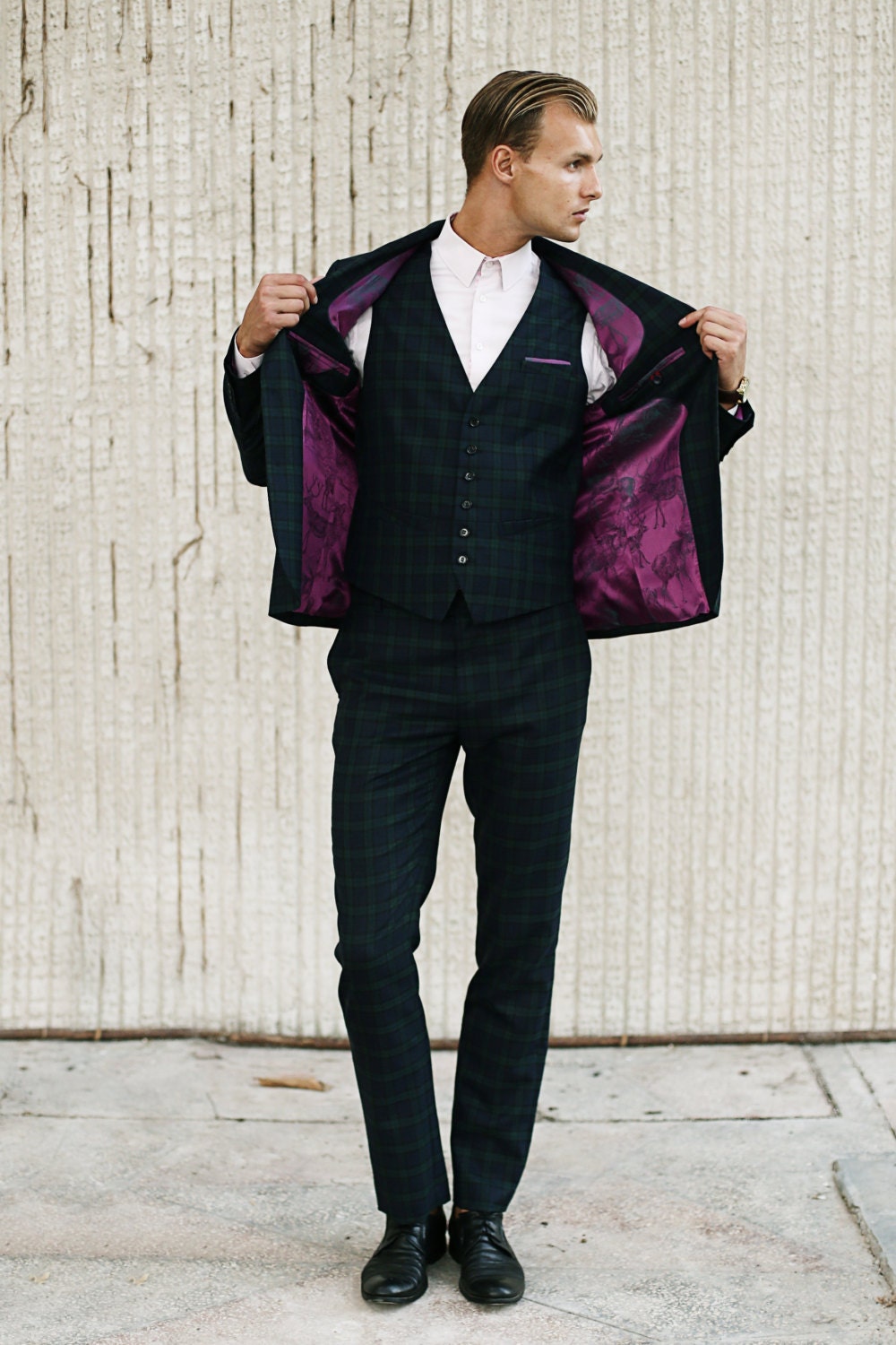 Mens SUIT tartan wool 3 piece vested suit Wool suit for men