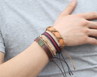 Mixed Bracelet Set, Mens Leather Bracelets, Womens Gift, Unisex 4 Piece Bracelet Set, Birthday Gift, Gift For Him, 4P-5