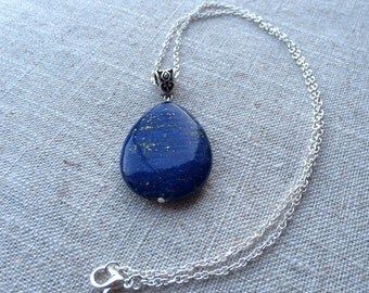 Stunning Lapis Lazuli Teardrop Pendant Necklace on Sterling Silver Chain