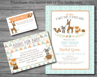 PRINTED, Woodland Baby Shower Invitation, woodland baby shower invite, woodland theme, gender neutral, books for baby, diaper raffle