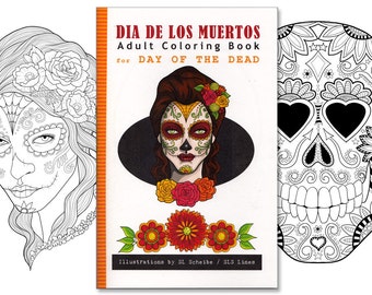 Adult coloring book Day of the Dead, Dia de los Muertos coloring pages, illustration for colouring by SLS Lines, 12 page handmade book