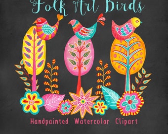 birds watercolor clipart - pink and blue bird graphics - trees and flowers - handpainted folk art watercolor clipart for commercial use