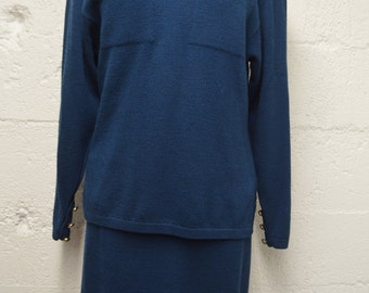 St John Marie Gray Teal Suit - Tunic Top with Pencil Skirt - Vintage Designer Suit