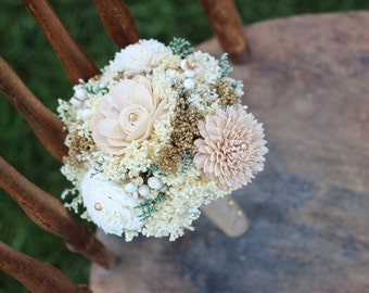 Romantic Wedding Bouquet, Bridesmaids Bouquet,Tan,Ivory,Gold Sola Flower Bouquet,Keepsake,Alternative Bouquet