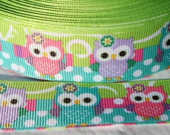 Green Owl Ribbon 1 Inch Grosgrain Ribbon by the Yard for Hairbows, Scrapbooking, and More!!