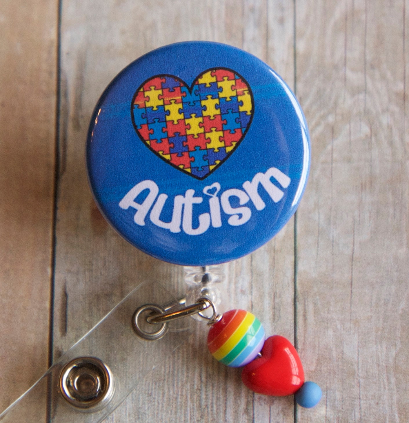 Badge Reel Autism Awareness ID Badge Holder With Dangle Beads