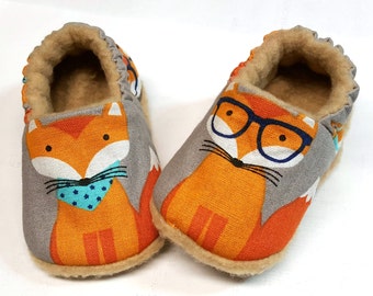 Fox Baby Shoes, fox booties, Soft Sole Baby Shoes, gray Baby Booties, Baby Shower Gift, Fox Toddler slippers