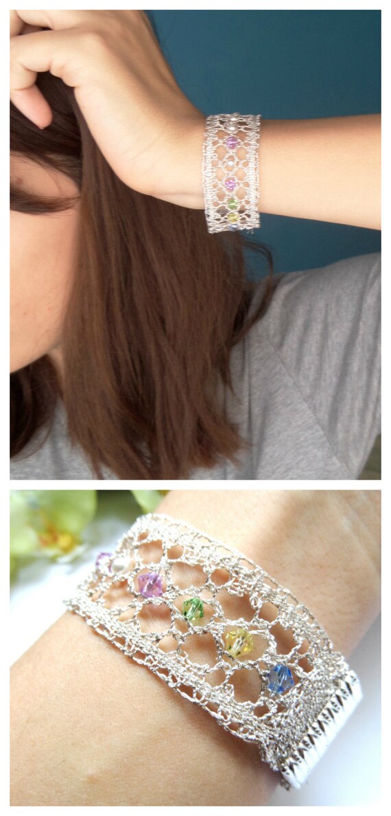 Silver Lace Bracelet Tatting Jewelry Tatting Lace Cuff by Portenya
