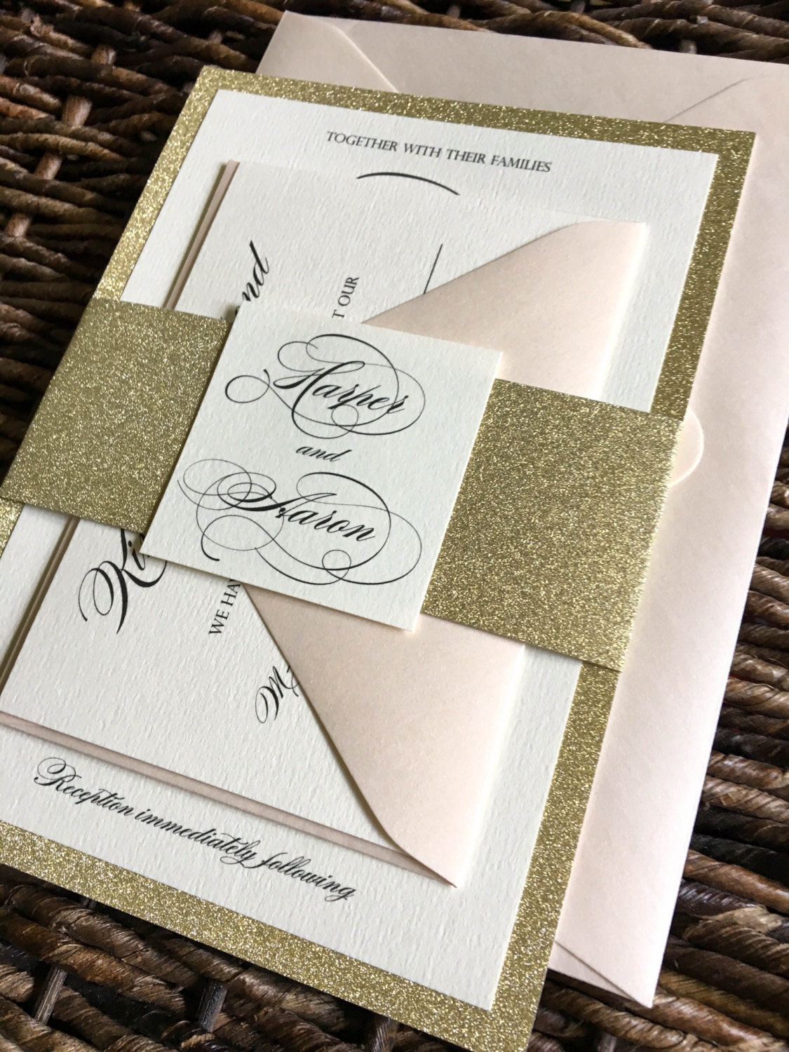 Gold Glitter Wedding Invitation with Glitter Belly Band Gold