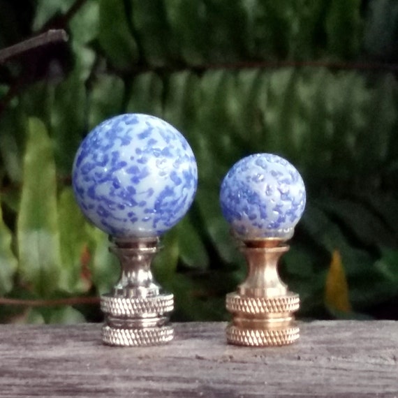 Blue Lamp Finial Textured Glass Blue and Pearl White Swirls Brass