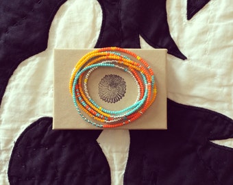 Long Beaded Necklace - Long and Colorful Beaded Necklace - Wrap Bracelet - Neaptide - Turquoise - Orange - Silver - Neaptide