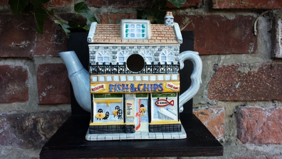 Vintage teapot box.  vintage  up shop teapot cycled  fish chips house house, teapot & nest