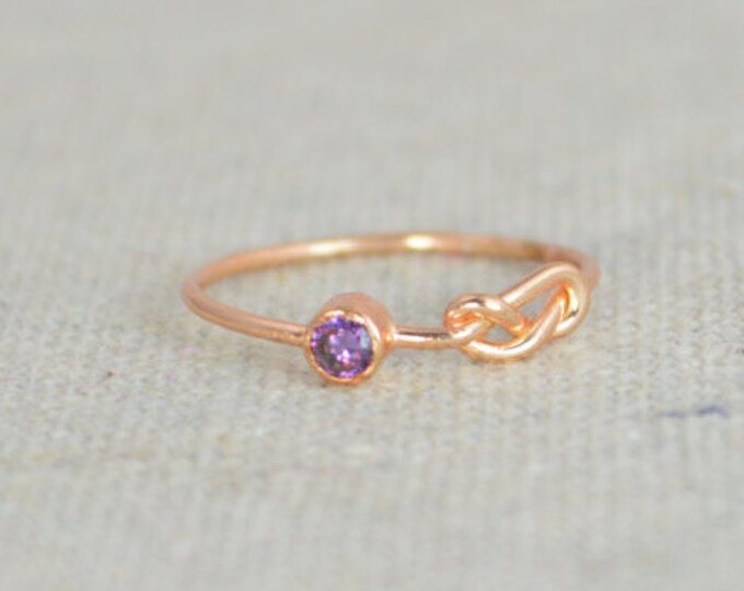 Amethyst Infinity Ring, Rose Gold Filled Ring, Stackable Rings, Mothers Ring, February Birthstone Ring, Purple Ring, Rose Gold Knot Ring