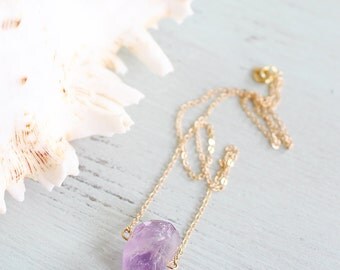 Amethyst Necklace - Small Light Amethyst Nugget Necklace - Tiny Crystal Necklace - Purple Gemstone Necklace - February Birthstone Necklace