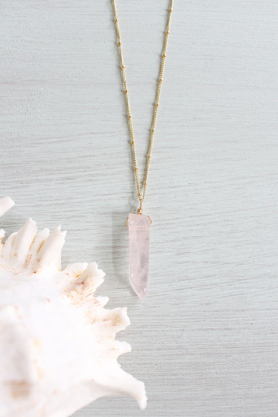 Rose Quartz Necklace Polished Rectangle Rose by MoonTideJewellery