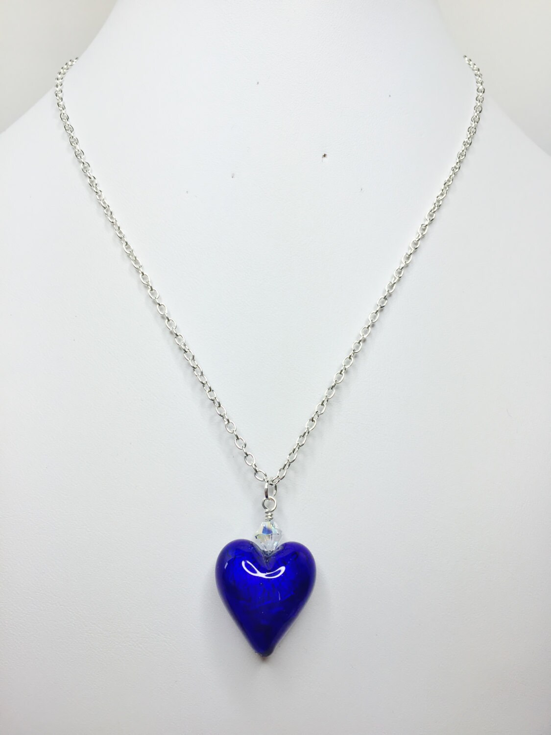 Cobalt Blue Heart Pendant Murano Glass Heart Swarovski Crystal