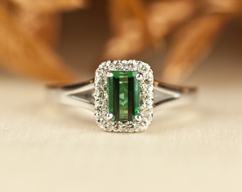 Emerald Cut Engagement Ring, Emerald Halo Ring, green tourmaline, Unique Engagement Ring, Emerald Engagement Ring, simple, diamond halo