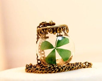 WISH Necklace Real Four Leaf Clover, shamrock jewelry, Lucky Charm, Bronze Necklace Blown Pendant, Birthday Gift, Mother's Day