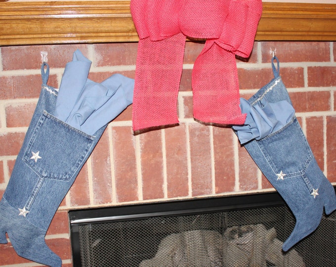 HALF PRICE ** Horse Lover Up-cycled Blue Jeans Cowboy Boot Christmas Stockings. Matched Pair of Country Denim Holiday Decor