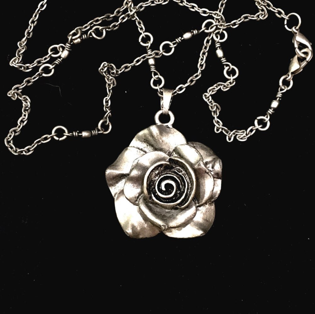 Pendant Necklace Brushed Silver Rose Pendant Necklace Long