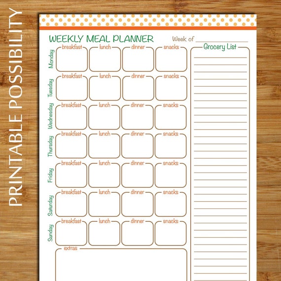 Weekly Meal Planner / Grocery List Printable File Weekly