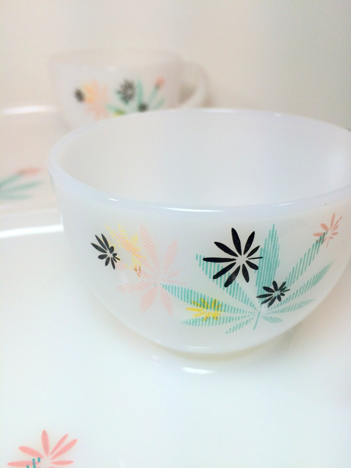 Vintage Federal Glass Atomic Flower Milk Glass Snack Set of 6