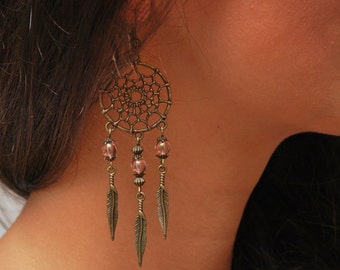 Boho Dream Catcher earrings, hippie earrings, DreamCatcher summer earrings, feather bohemian earrings