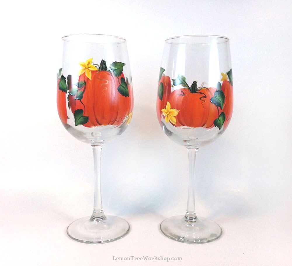 Hand Painted Pumpkin Wine Glasses Set of 2 Thanksgiving Autumn