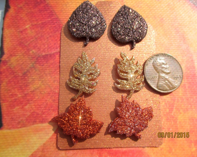 3-Leaf earrings-glittery Leaf studs-Fall jewelry-autumn jewelry-Maple & oak leaves-Nickel free-womens jewelry set-Thanksgiving-teacher gifts