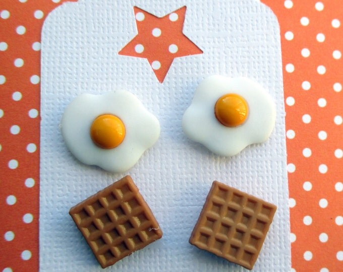 Waffle earrings-Food Earrings-Novelty Jewelry-food studs-clip on earrings-egg studs-Miniature waffle earrings-nickel free-cute gifts for kid