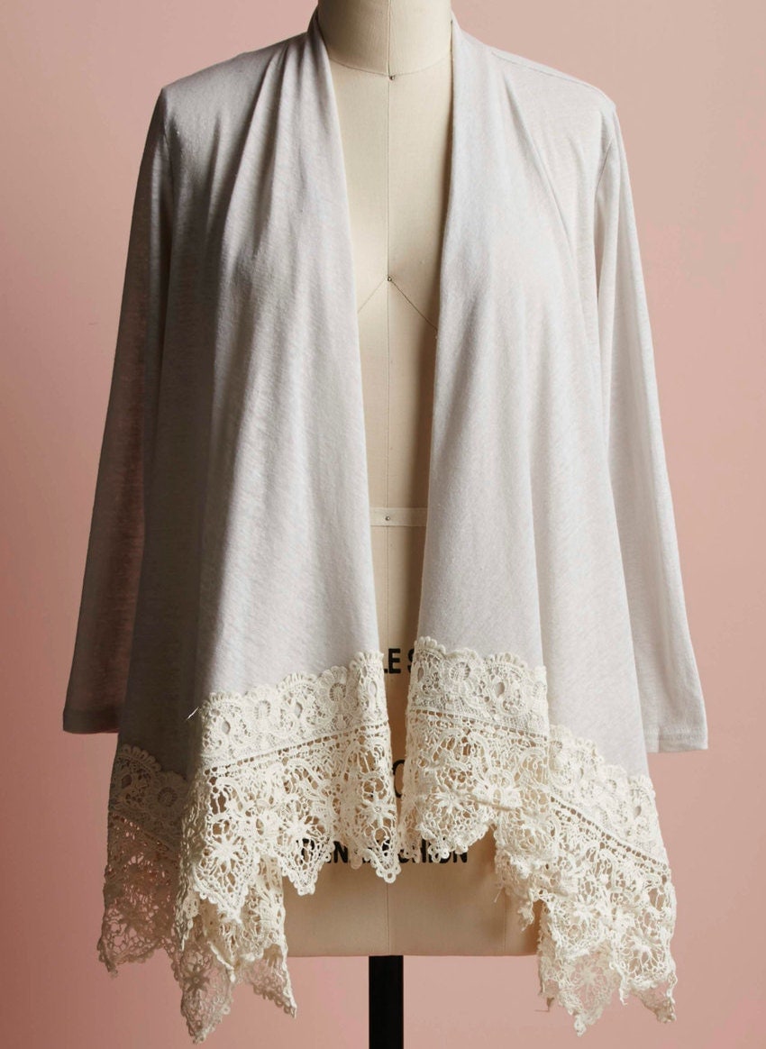 Linen and lace cardigan. vintage lace edged cardigan. cotton