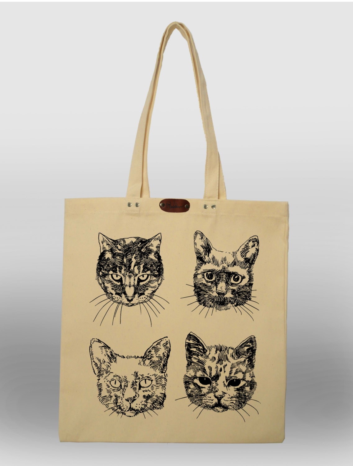 Cats hand printed cotton tote bag