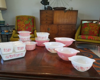 Pristine Pink Gooseberry Pyrex in impossible to find set and a Complimentary Libbey 33 piece Glassware Pink Dutchess