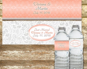 Water Bottle Labels - Wedding Water Bottle Labels, Coral and Gray Wedding, Personalized Water Bottle, Water Bottle Wraps