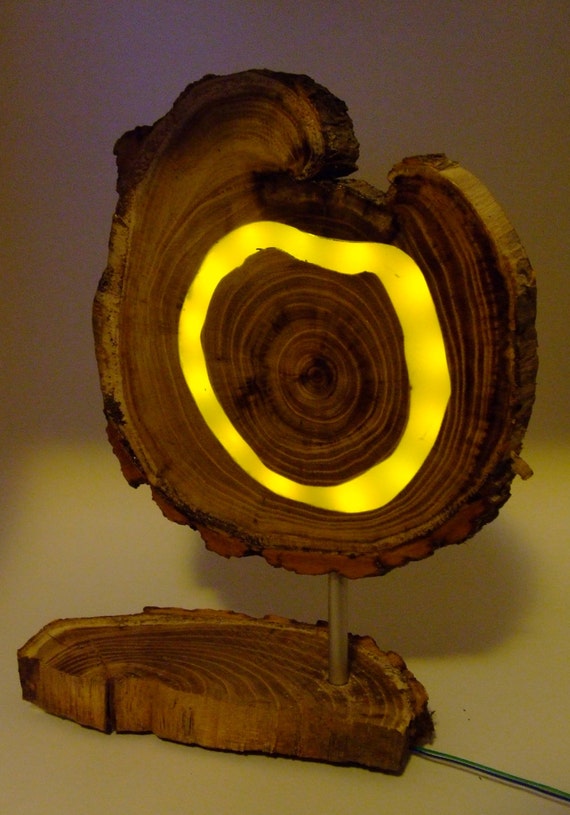Wooden yellow LED lamp Acaciawood with clear epoxy resin and