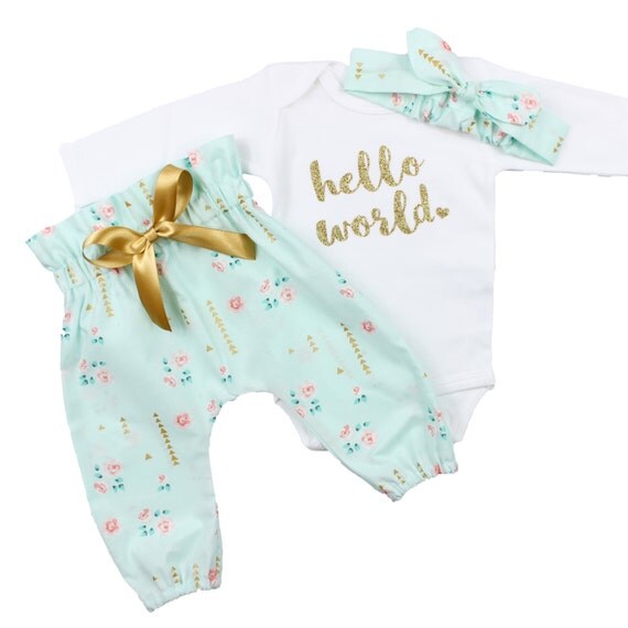 Baby Newborn take home outfit | Mint Floral, Gold Hello World Outfit ...
