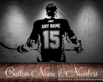 Wall art Custom Large ice Hockey Player choose jersey name and numbers Vinyl wall Decal sticker decor crosby McDavid kids bedroom sports