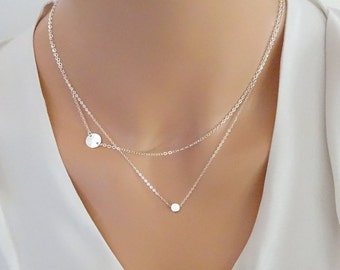 Double disc necklace, Sideways tag necklace, Dot necklace, Monogram necklace, Set of two layering necklace, Initial necklace