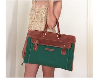Vintage Portfolio Bag - Leather Trim Green Canvas Weekender - Office Laptop Carry on Bag - Rugged Mens Bag - Tote Bag - Overnighter